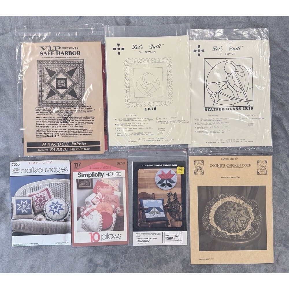 Lot 7 Vintage Sewing Patterns Pillow Patchwork Quilting Folded Star Simplicity